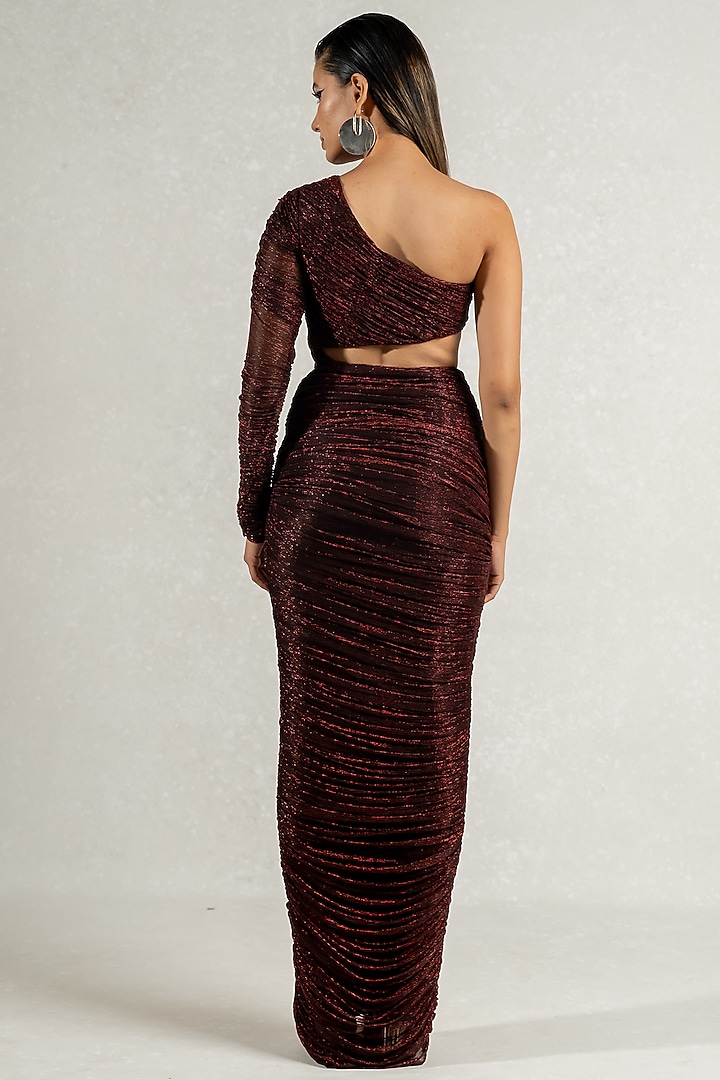 Metallic Red Imported Shimmer Ruched Party Wear Gown by PINUP BY ASTHA at Pernia's Pop Up Shop