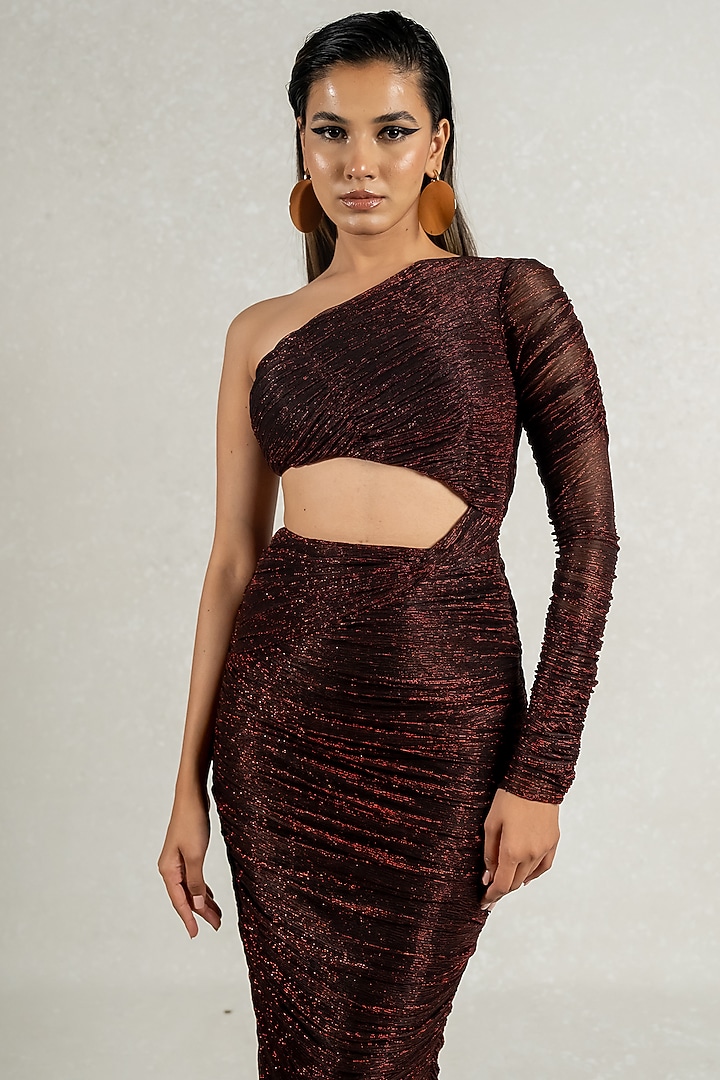 Metallic Red Imported Shimmer Ruched Party Wear Gown by PINUP BY ASTHA at Pernia's Pop Up Shop