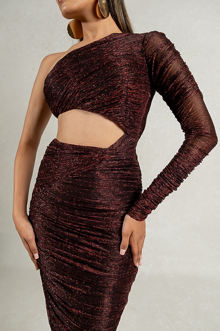Metallic Red Imported Shimmer Ruched Party Wear Gown by PINUP BY ASTHA at Pernia's Pop Up Shop