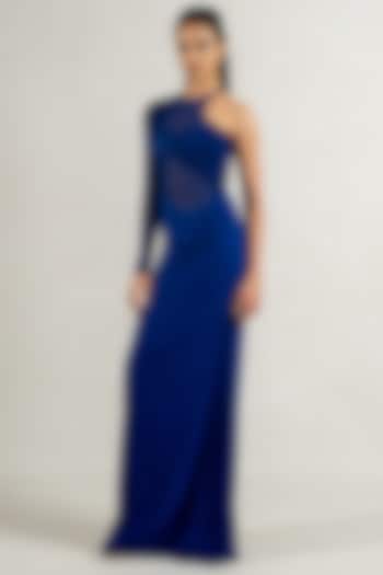 Navy Blue Malai Lycra & Stretch Tulle Draped Gown by PINUP BY ASTHA