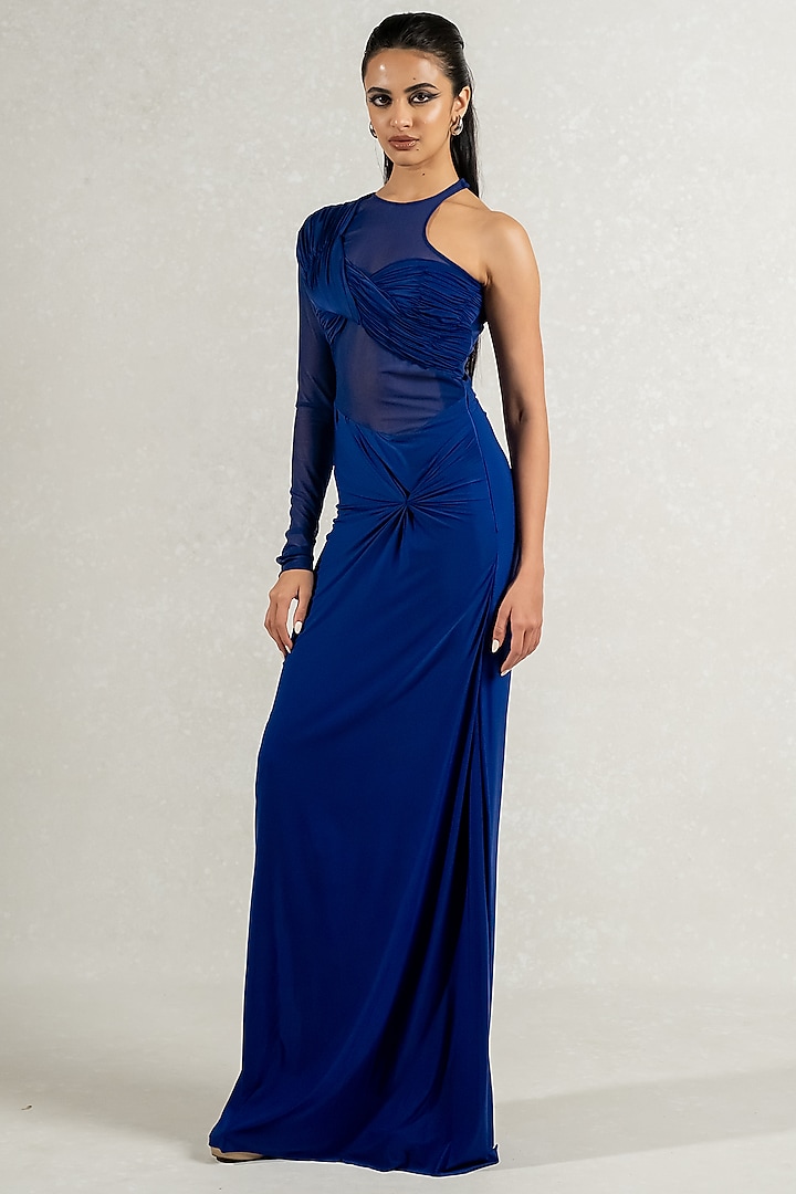 Navy Blue Malai Lycra & Stretch Tulle Draped Gown by PINUP BY ASTHA