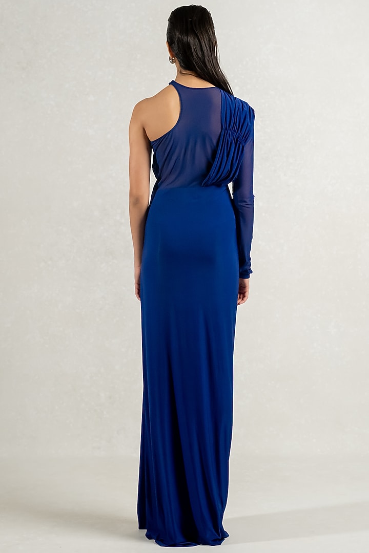 Navy Blue Malai Lycra & Stretch Tulle Draped Party Wear Gown by PINUP BY ASTHA at Pernia's Pop Up Shop