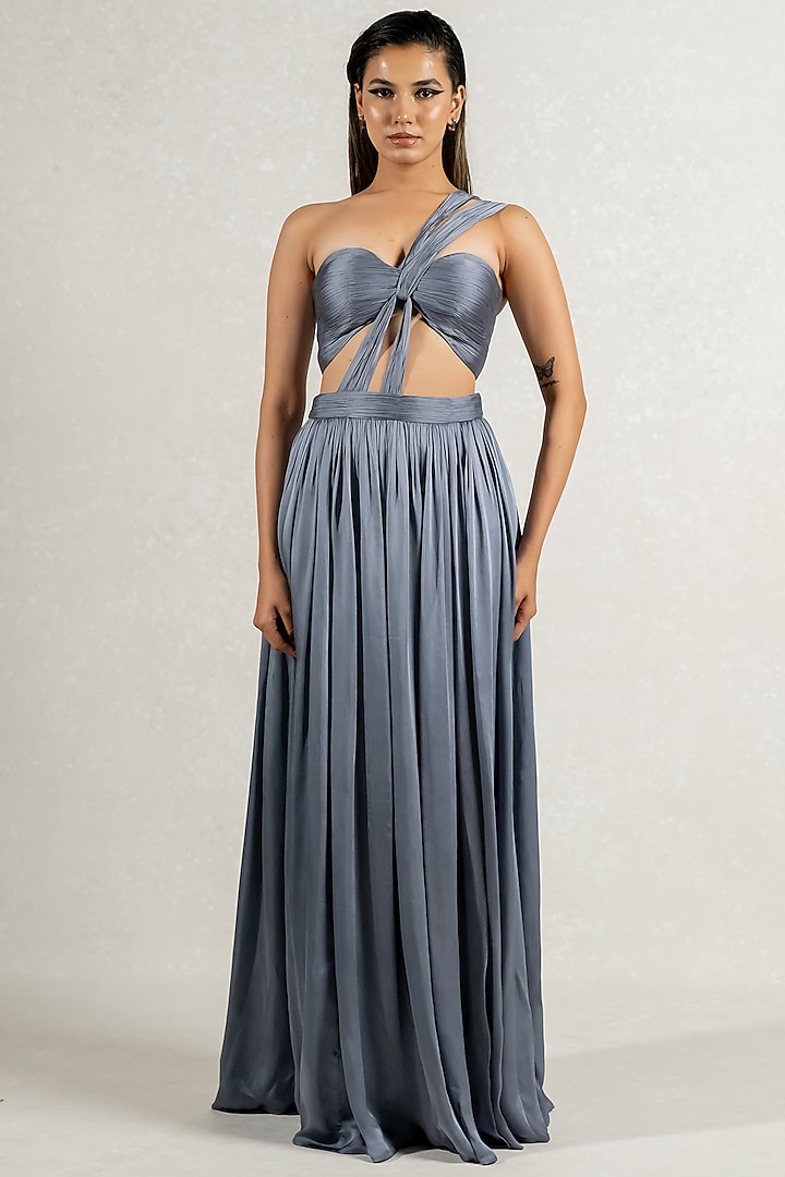Grey Satin Georgette Draped gown by PINUP BY ASTHA