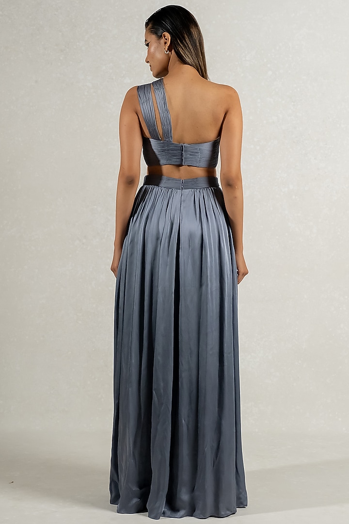 Grey Satin Georgette Draped Party Wear Gown by PINUP BY ASTHA at Pernia's Pop Up Shop