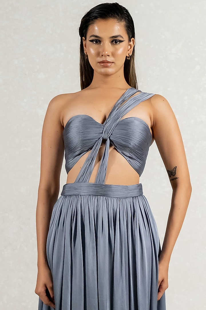 Grey Satin Georgette Draped Party Wear Gown by PINUP BY ASTHA at Pernia's Pop Up Shop