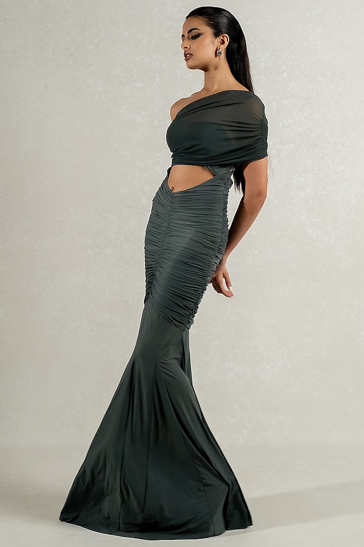 Olive Green Malai Lycra & Stretch Tulle Draped Gown by PINUP BY ASTHA