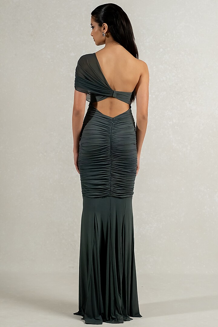 Olive Green Malai Lycra & Stretch Tulle Draped Party Wear Gown by PINUP BY ASTHA at Pernia's Pop Up Shop