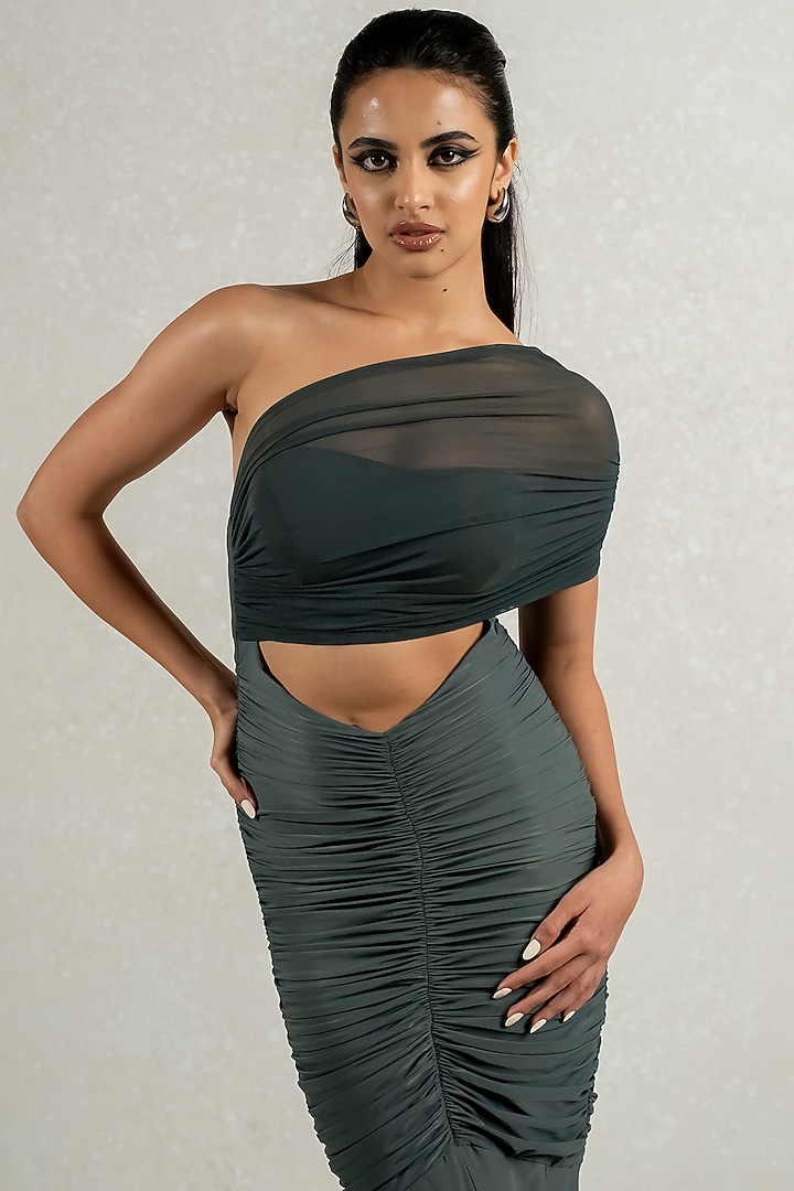 Olive Green Malai Lycra & Stretch Tulle Draped Party Wear Gown by PINUP BY ASTHA at Pernia's Pop Up Shop