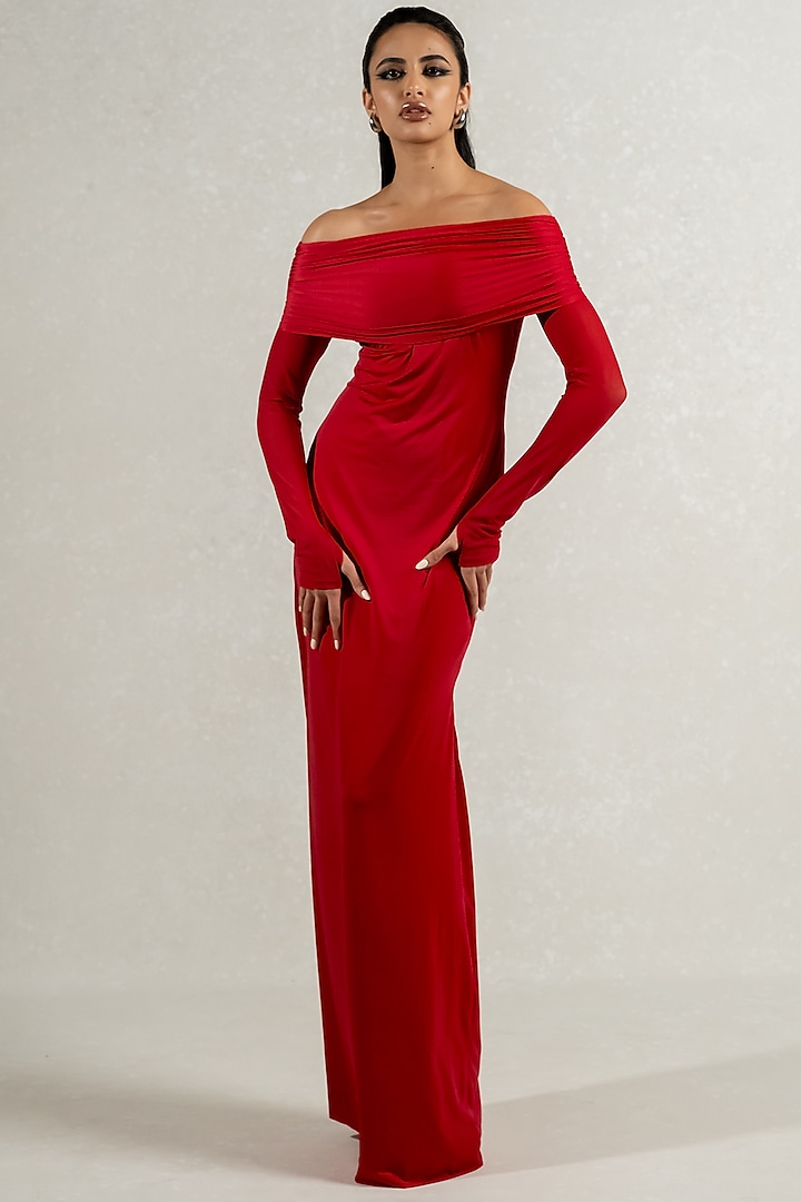 Red Malai Lycra One-Shoulder Gown by PINUP BY ASTHA