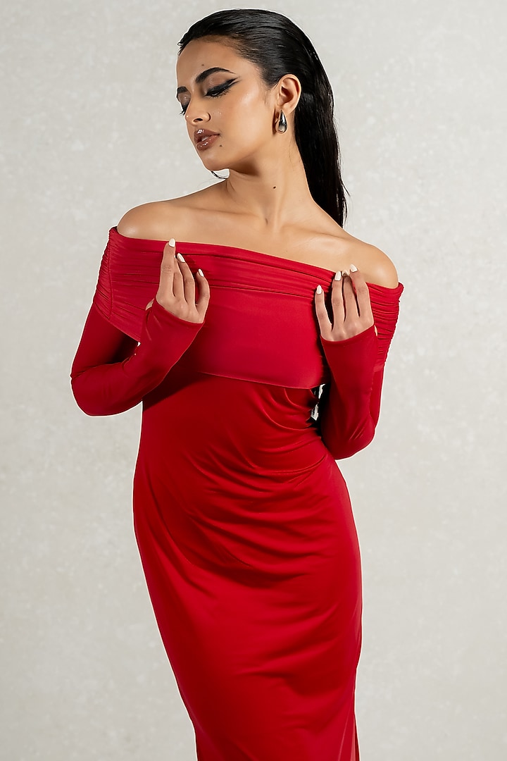 Red Malai Lycra One-Shoulder Party Wear Gown by PINUP BY ASTHA at Pernia's Pop Up Shop