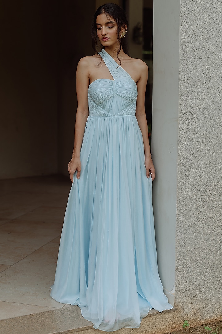Powder Blue One Shoulder Gown by PINUP BY ASTHA
