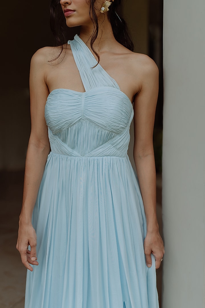 Powder Blue One Shoulder Gown by PINUP BY ASTHA at Pernia's Pop Up Shop