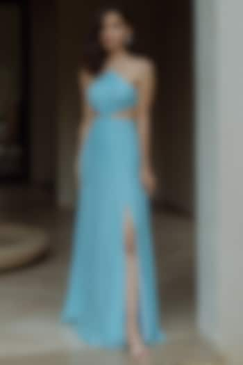 Sky Blue Gown With Front Slit by PINUP BY ASTHA at Pernia's Pop Up Shop