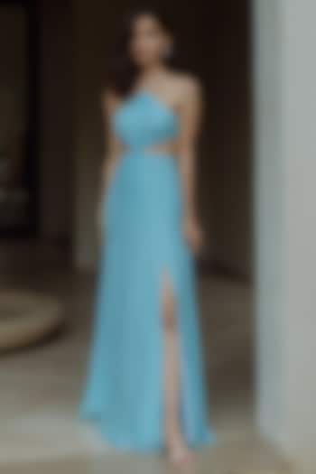 Sky Blue Gown With Front Slit by PINUP BY ASTHA