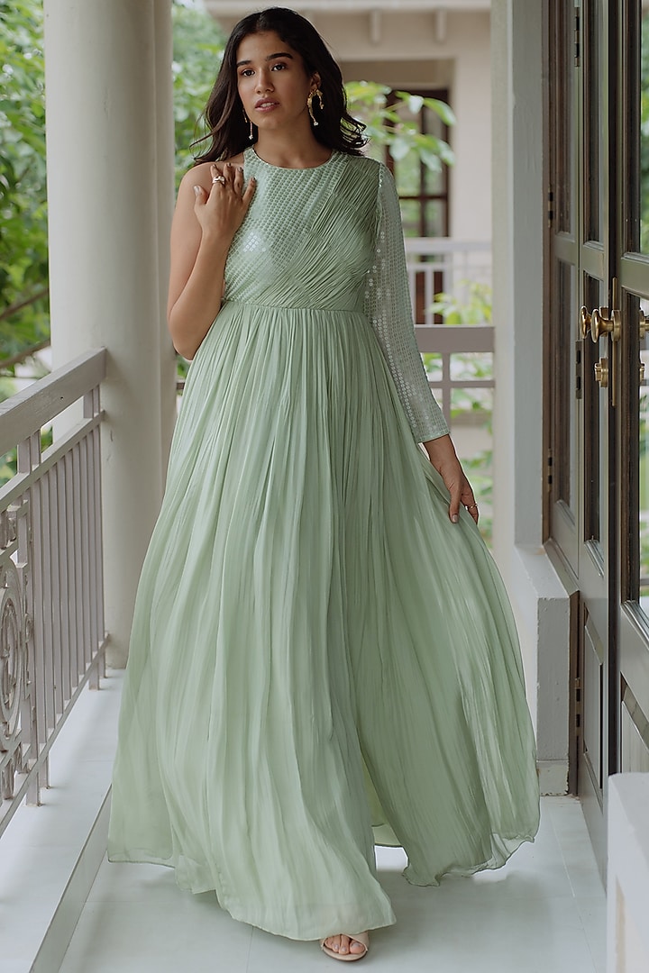 Mint Green Sequins Embroidered & Ruched Gown by PINUP BY ASTHA