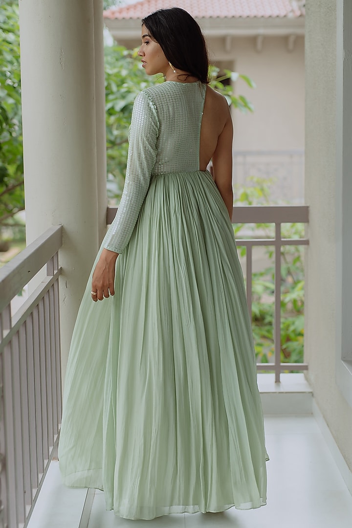 Mint Green Sequins Embroidered & Ruched Gown by PINUP BY ASTHA at Pernia's Pop Up Shop