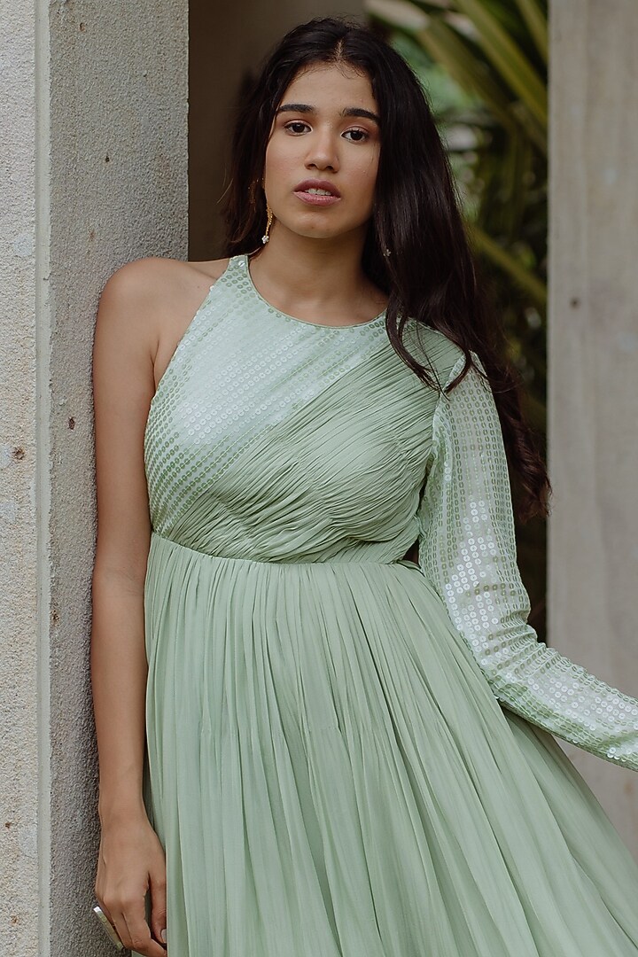 Mint Green Sequins Embroidered & Ruched Gown by PINUP BY ASTHA at Pernia's Pop Up Shop