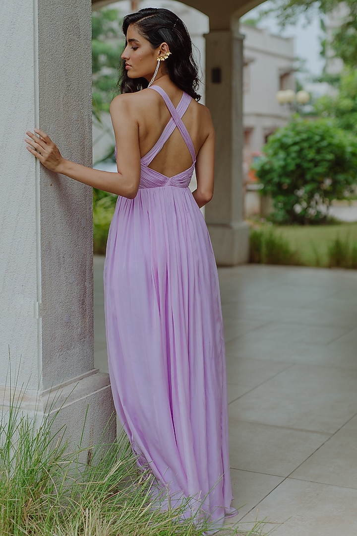 Mauve Hand Ruched Gown With Front Cut-Out by PINUP BY ASTHA at Pernia's Pop Up Shop