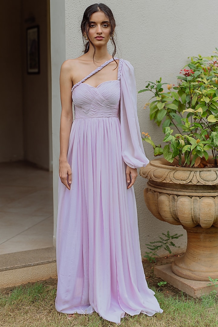 Mauve Hand Ruched One Shoulder Gown by PINUP BY ASTHA