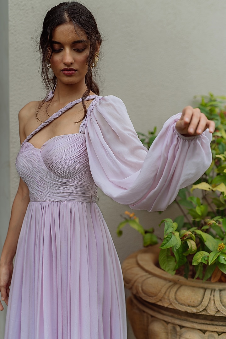 Mauve Hand Ruched One Shoulder Gown by PINUP BY ASTHA at Pernia's Pop Up Shop