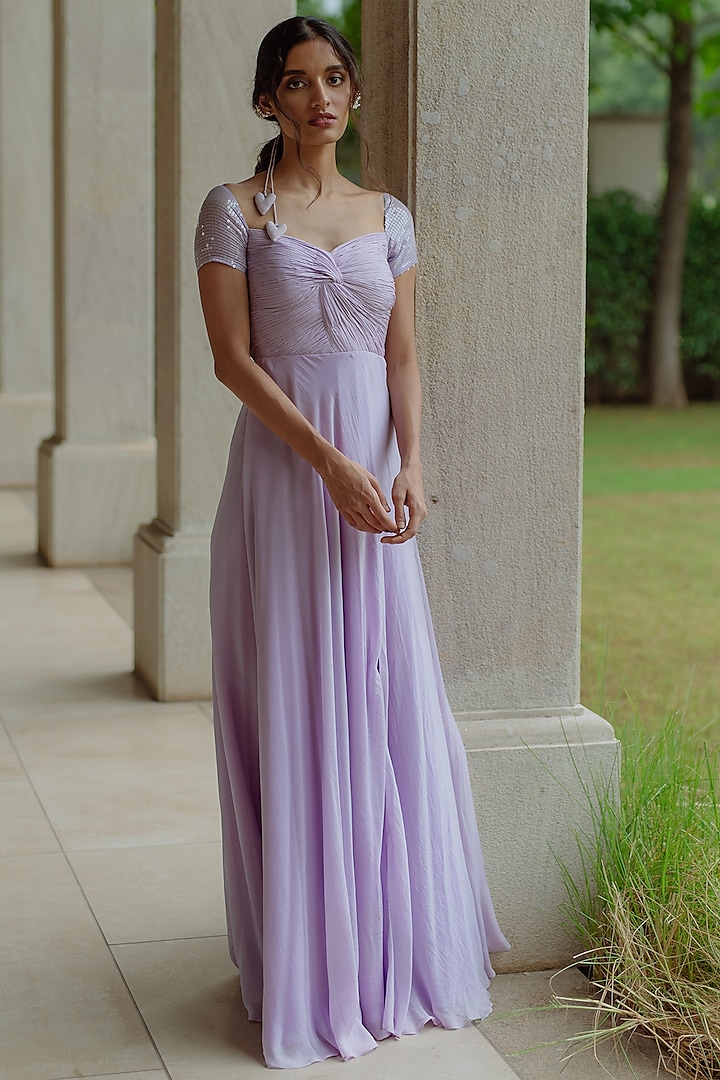 Periwinkle Ruched Gown With Sequinned Sleeves by PINUP BY ASTHA