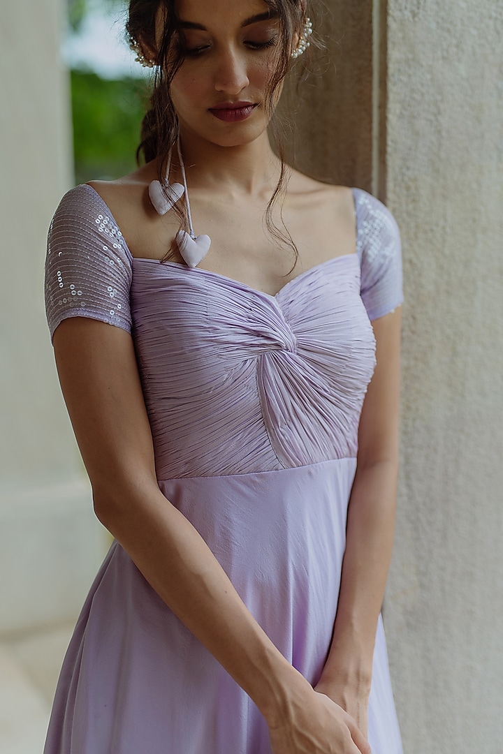 Periwinkle Ruched Gown With Sequinned Sleeves by PINUP BY ASTHA at Pernia's Pop Up Shop
