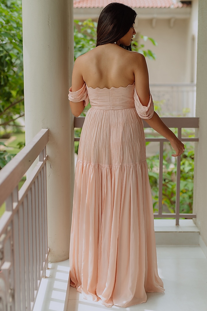 Powder Peach Ruched Off-Shoulder Gown by PINUP BY ASTHA at Pernia's Pop Up Shop