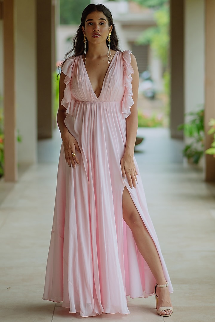 Powder Pink Deep V Neck Gown by PINUP BY ASTHA