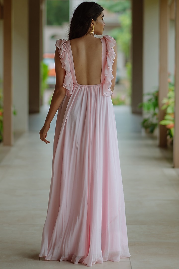 Powder Pink Deep V Neck Gown by PINUP BY ASTHA at Pernia's Pop Up Shop