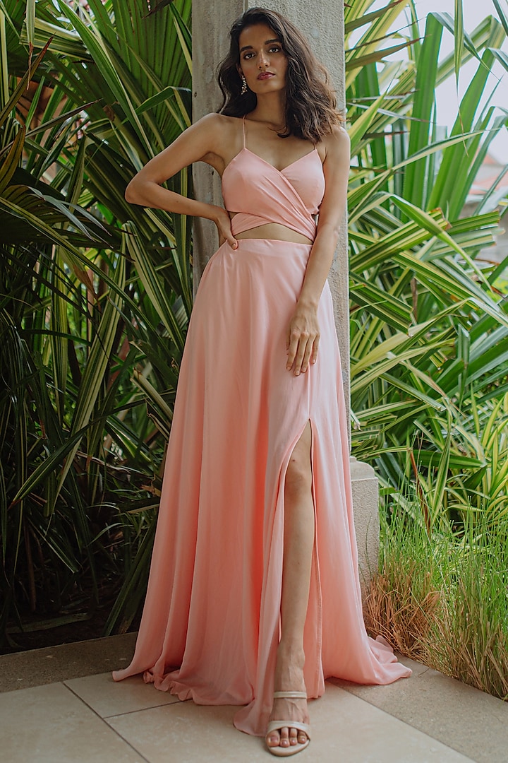 Peach Overlap Gown With Front Slit by PINUP BY ASTHA