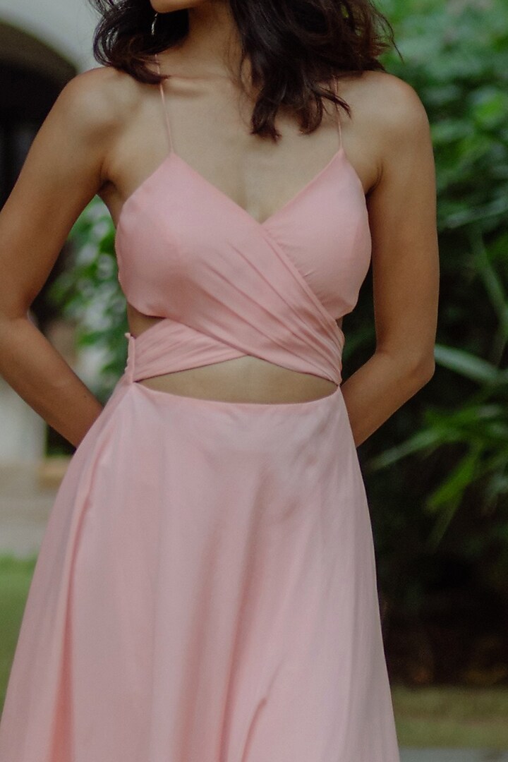 Peach Overlap Gown With Front Slit by PINUP BY ASTHA at Pernia's Pop Up Shop