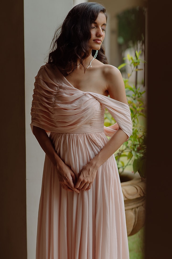 Powder Pink One-Shoulder Gown by PINUP BY ASTHA at Pernia's Pop Up Shop