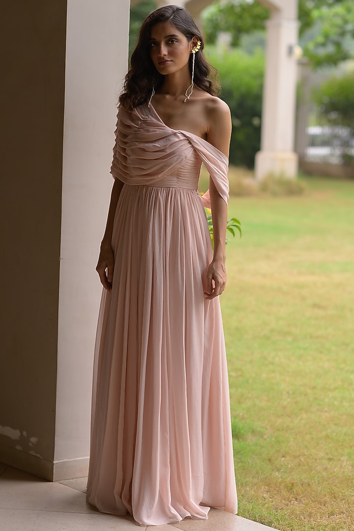 Powder Pink One-Shoulder Gown by PINUP BY ASTHA at Pernia's Pop Up Shop