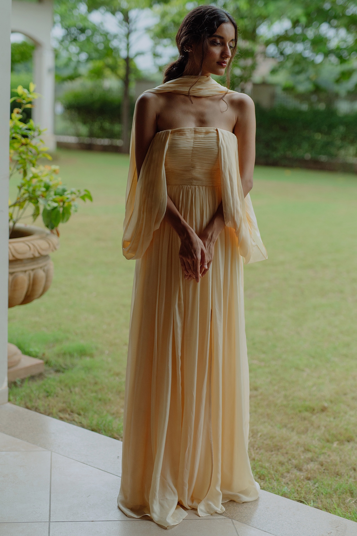 Buy Yellow Designer Satin Silk Readymade Party Wear Gown For Girls | Gowns