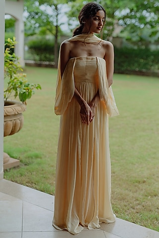 Butter Yellow Off-Shoulder Gown by PINUP BY ASTHA