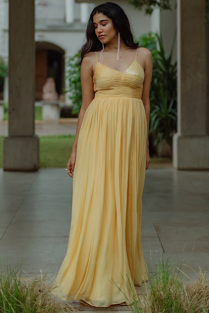 Powder Yellow Gown With Sequinned Bodice by PINUP BY ASTHA