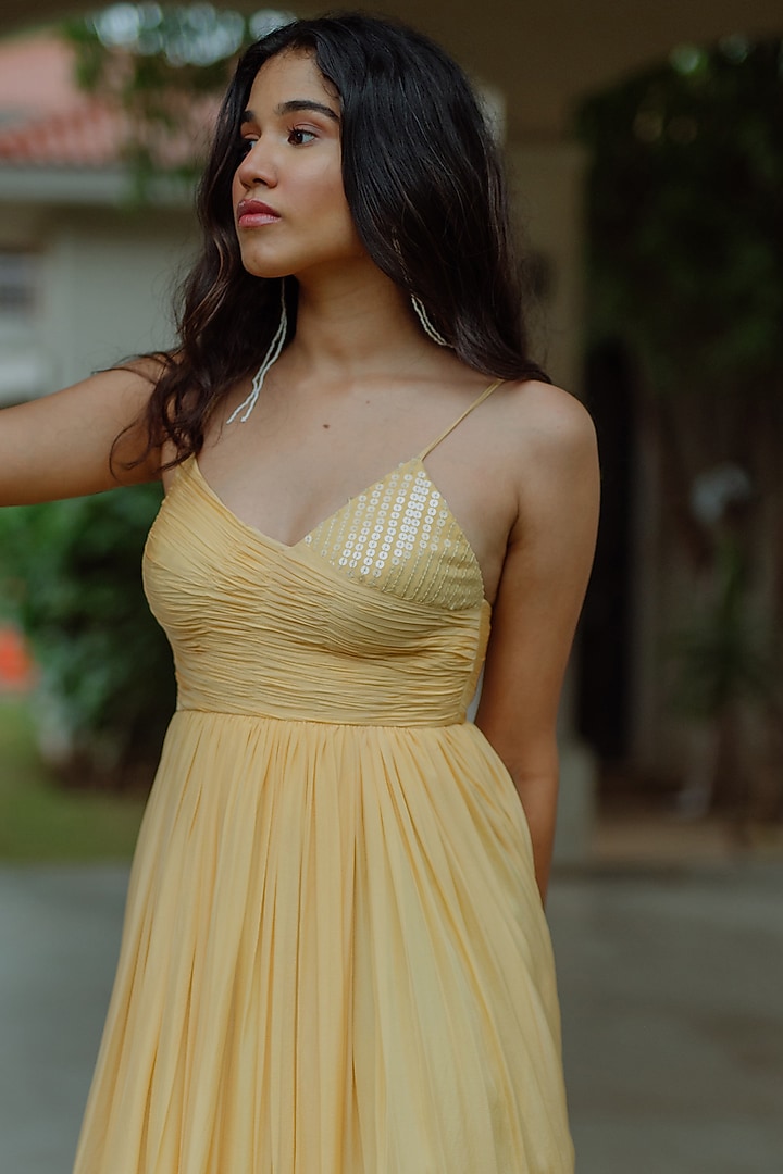 Powder Yellow Gown With Sequinned Bodice by PINUP BY ASTHA at Pernia's Pop Up Shop