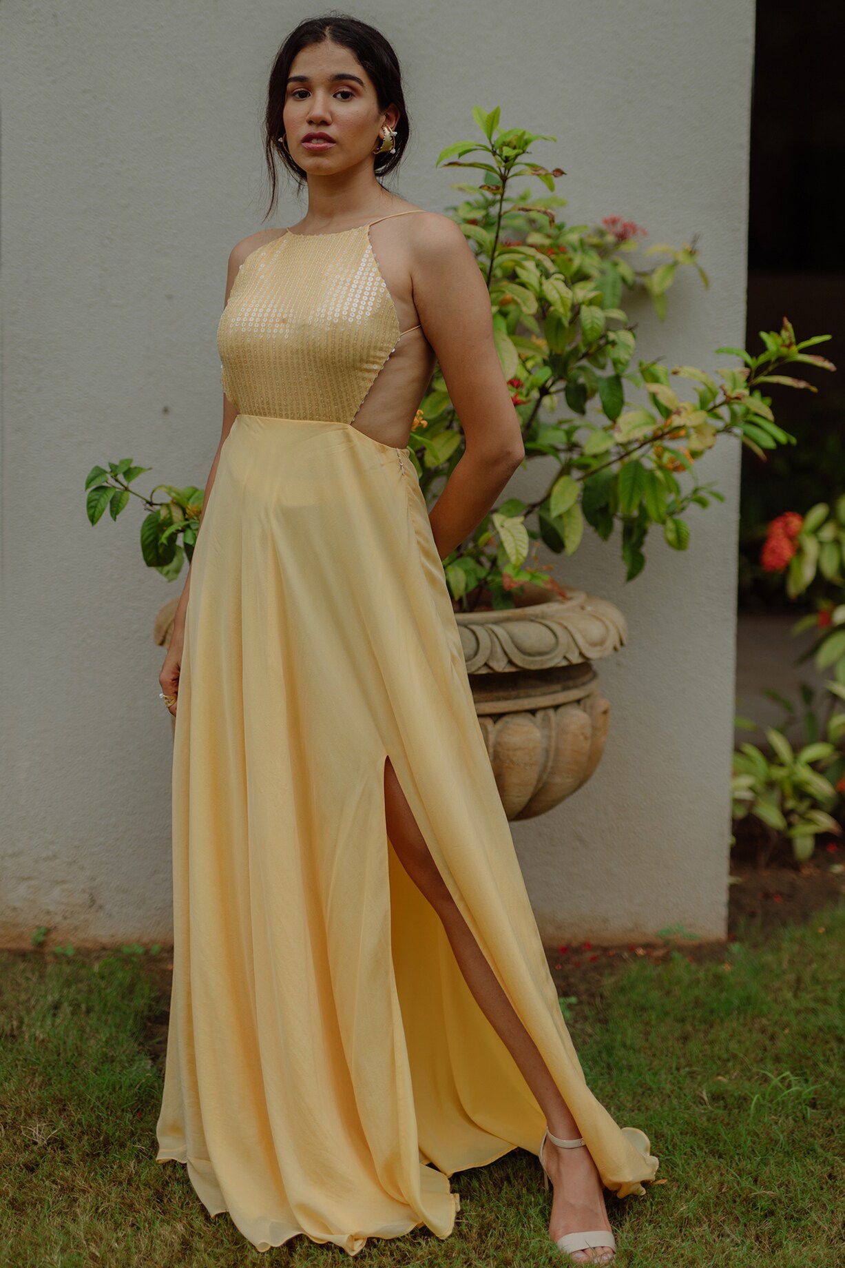 sachin and babi light blue dress Yellow Gold Backless Sequin Mini Dress – Fallen Sky Stone