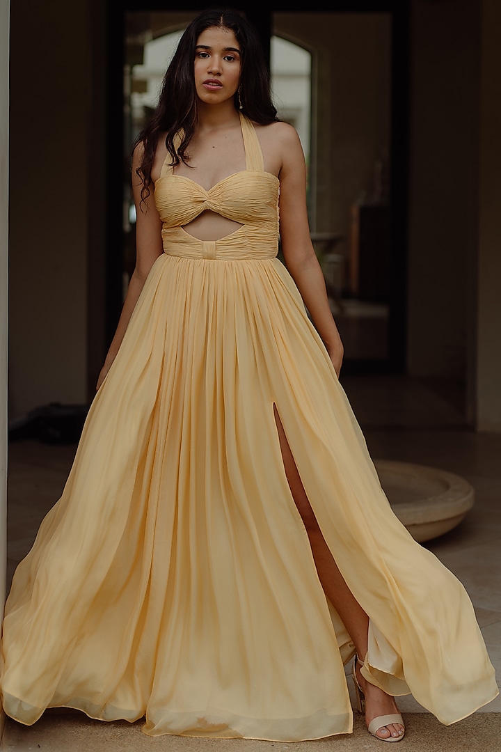 Powder Yellow Backless Gown by PINUP BY ASTHA