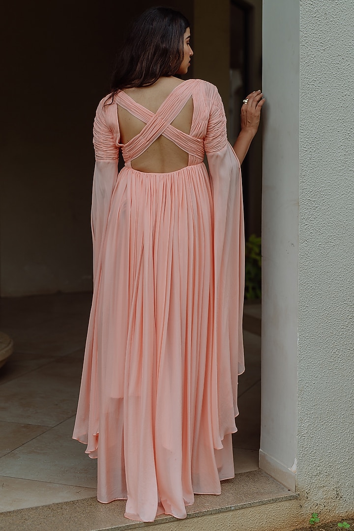 Peach Overlap Gown With Ruched Bodice by PINUP BY ASTHA at Pernia's Pop Up Shop