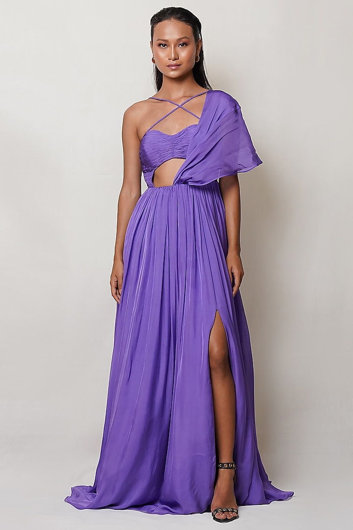 Light Purple Art Flat Chiffon Draped Gown by PINUP BY ASTHA