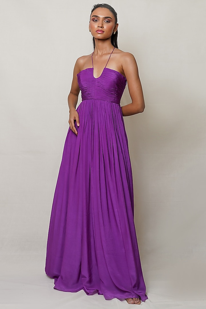 Purple Crepe Pleated Gown by PINUP BY ASTHA