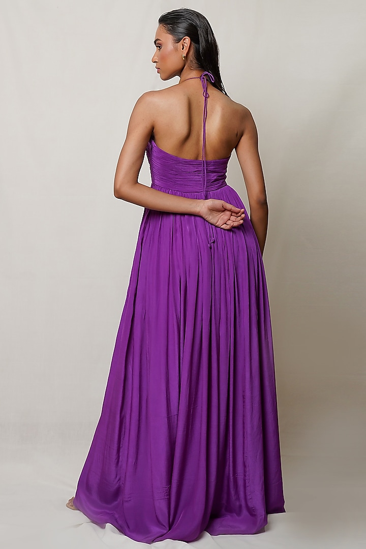 Purple Crepe Pleated Party Wear Gown by PINUP BY ASTHA at Pernia's Pop Up Shop