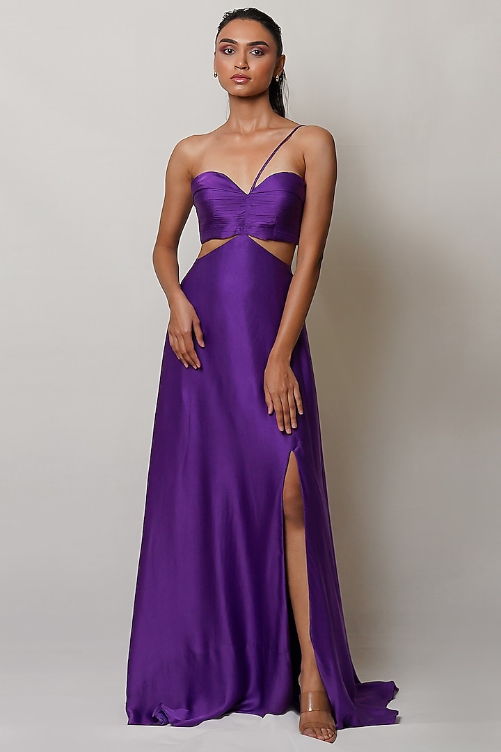 Violet Satin Georgette Pleated Gown by PINUP BY ASTHA