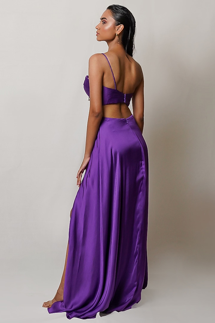 Violet Satin Georgette Pleated Party Wear Gown by PINUP BY ASTHA at Pernia's Pop Up Shop