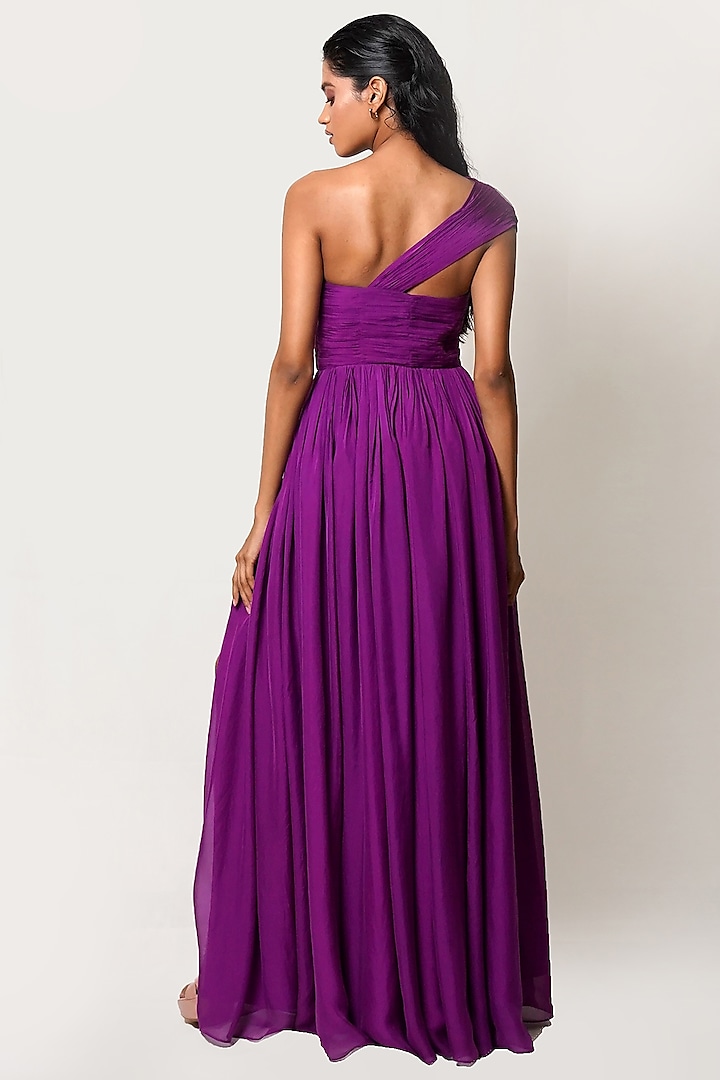 Purple Flat Chiffon Pleated Party Wear Gown by PINUP BY ASTHA at Pernia's Pop Up Shop