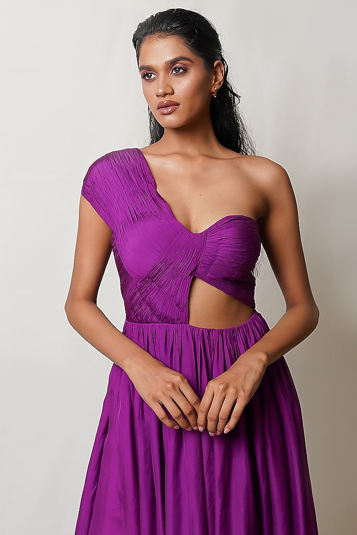 Purple Flat Chiffon Pleated Party Wear Gown by PINUP BY ASTHA at Pernia's Pop Up Shop