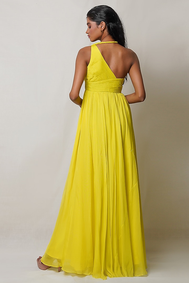 Yellow Art Flat Chiffon One-Shoulder Party Wear Gown by PINUP BY ASTHA at Pernia's Pop Up Shop