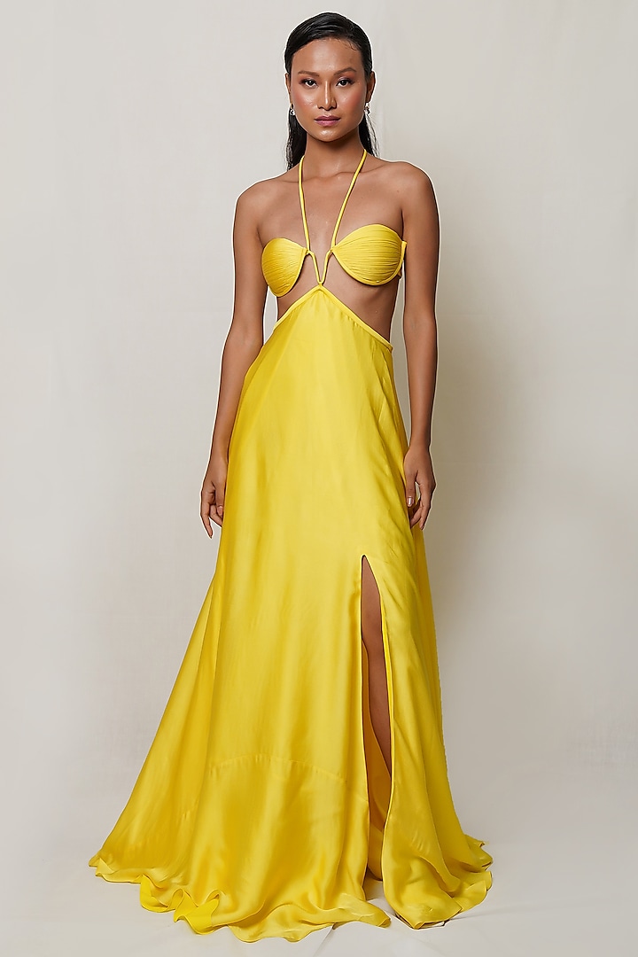 Yellow Satin Georgette Pleated Gown by PINUP BY ASTHA