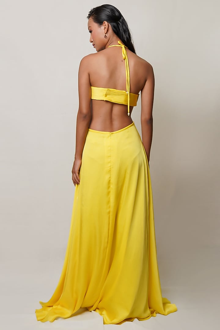 Yellow Satin Georgette Pleated Party Wear Gown by PINUP BY ASTHA at Pernia's Pop Up Shop